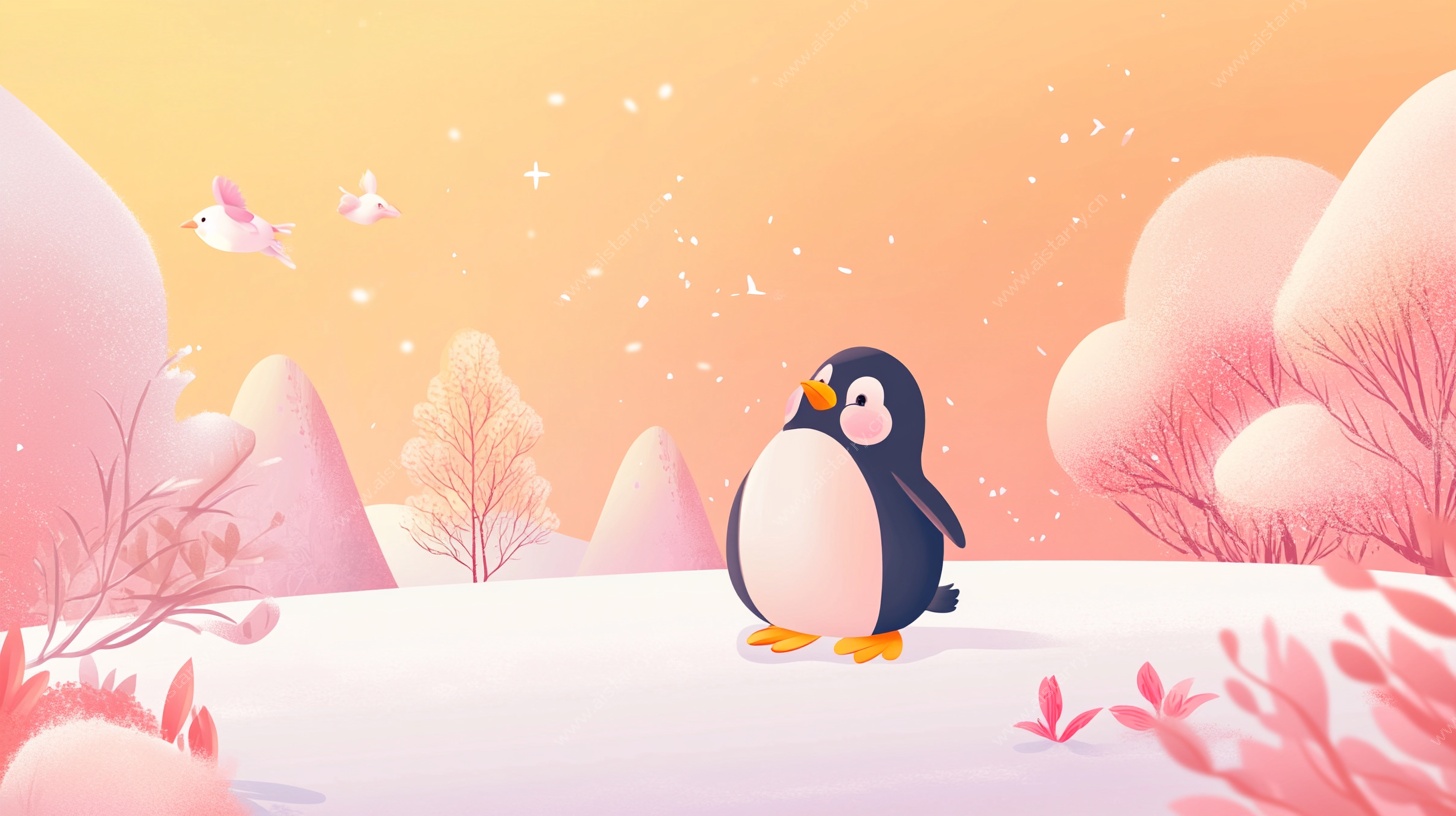 雪地中的可爱企鹅风景图