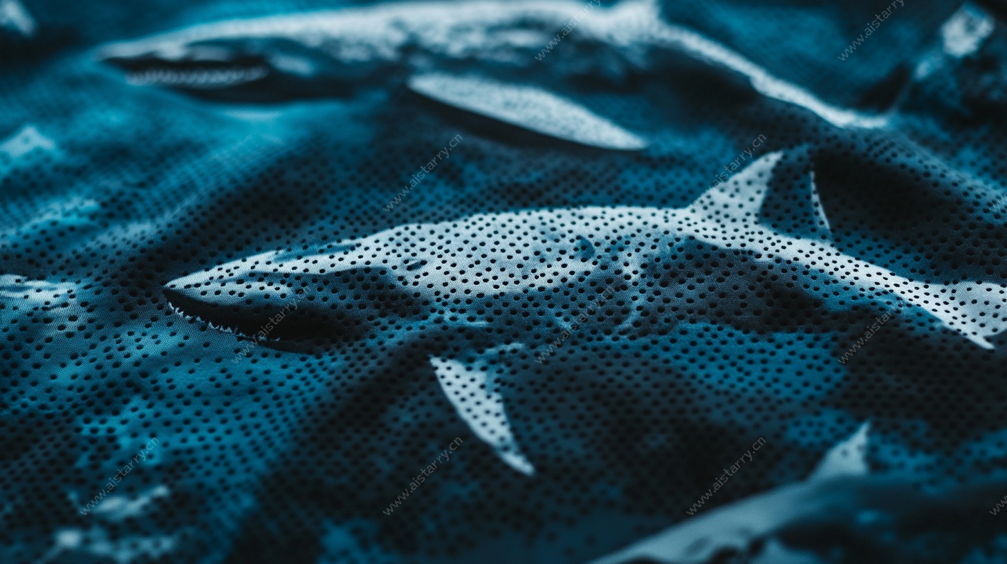蓝底鲨鱼图案布料特写