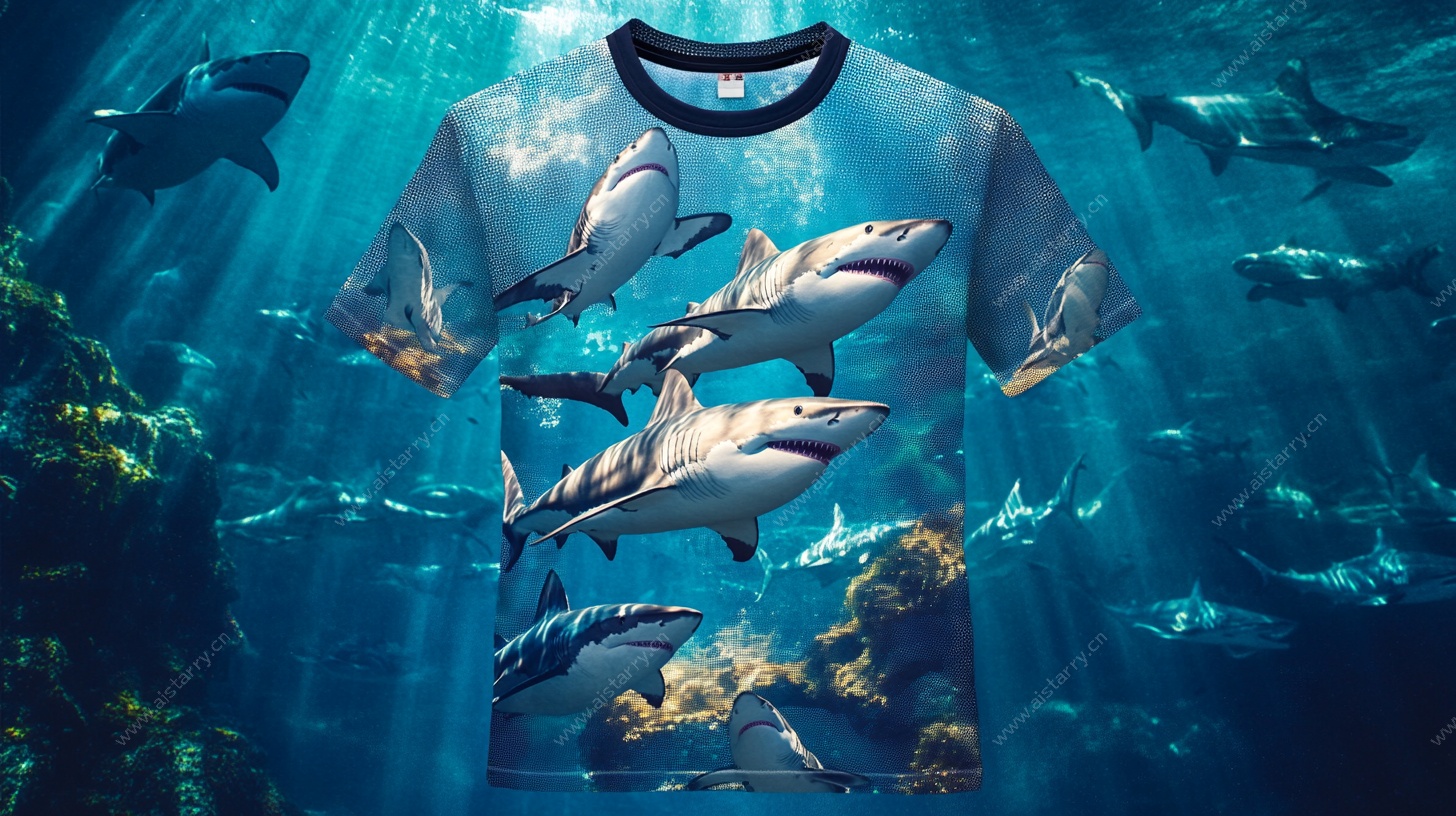鲨鱼图案酷炫T恤设计图