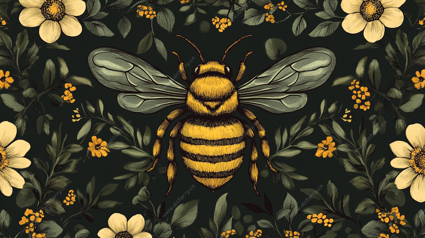 蜜蜂花卉复古风插画图案