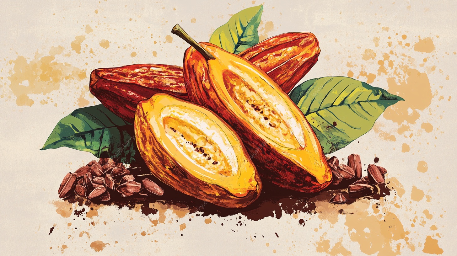水彩风可可豆与果实插画