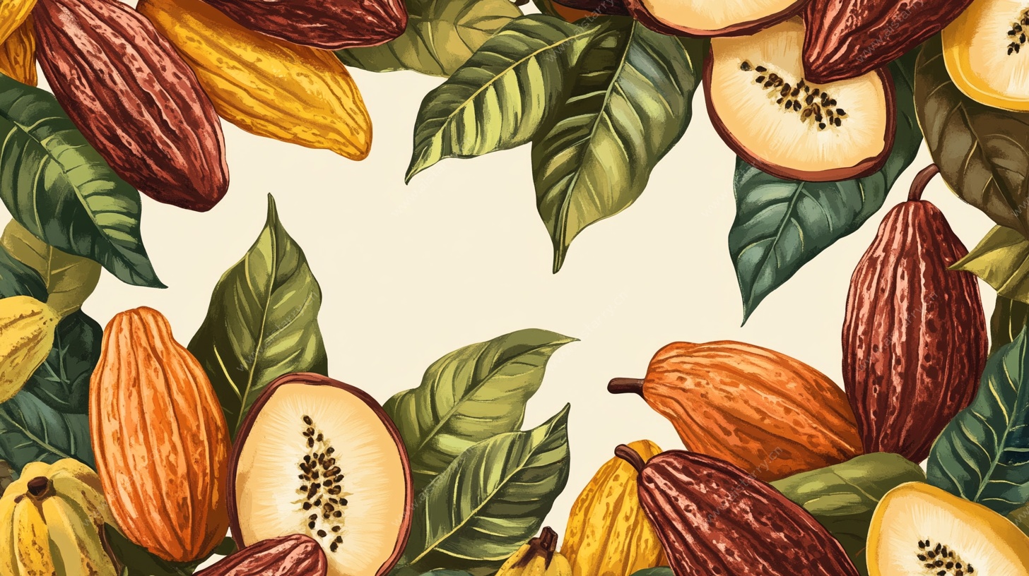可可豆与绿叶装饰图案