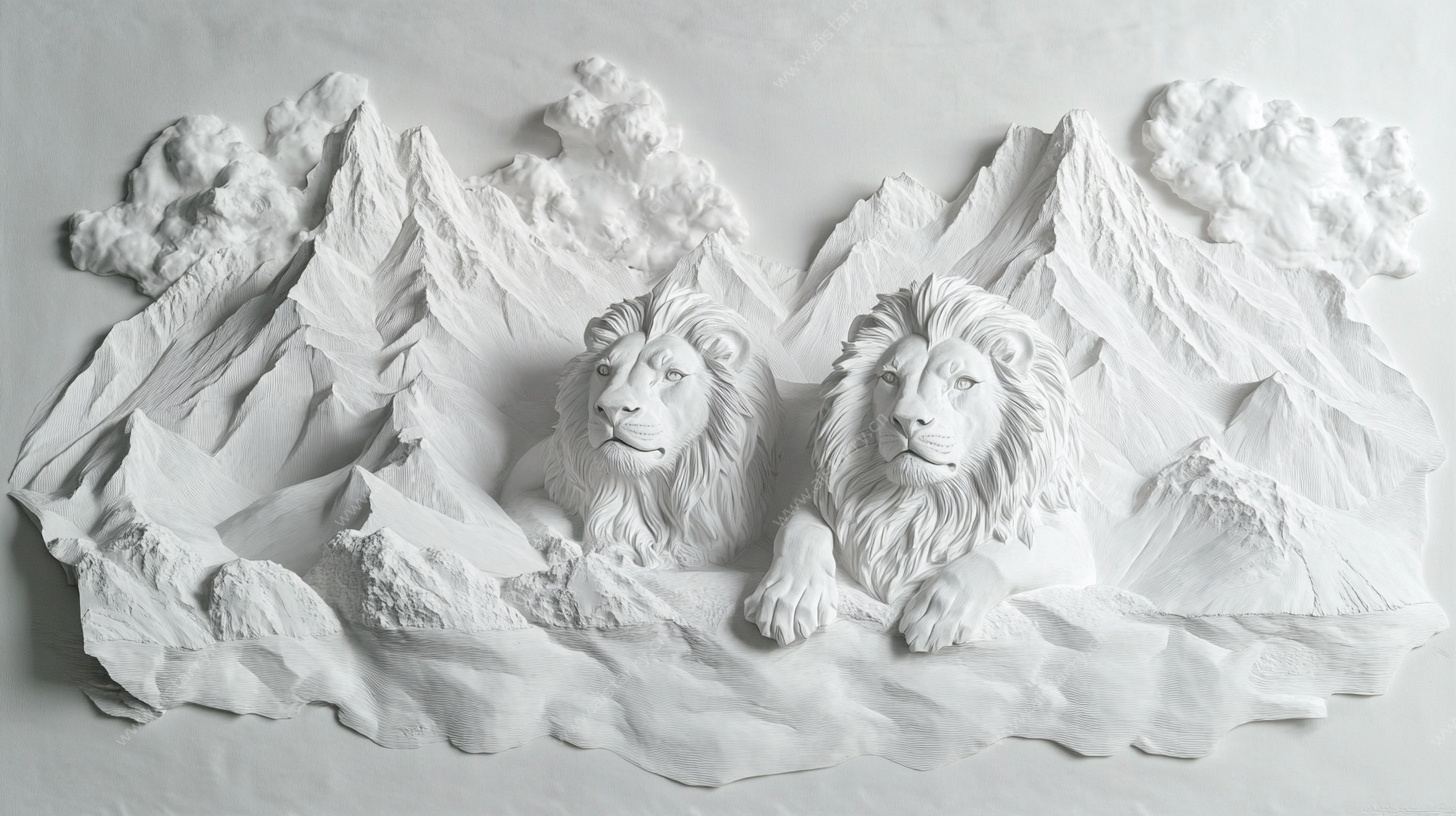 立体纸雕 双狮踞于山川间