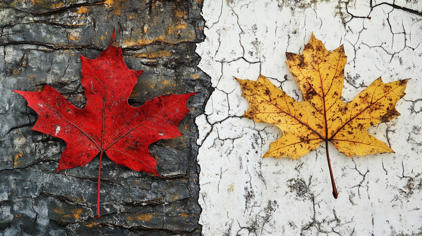 双色枫叶在斑驳背景上