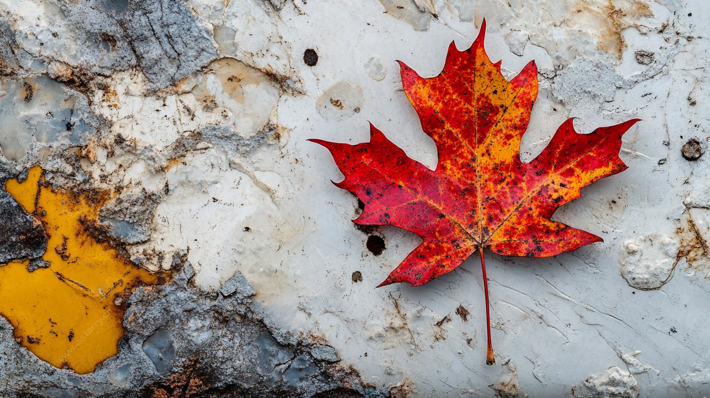 枫叶静置于斑驳石面