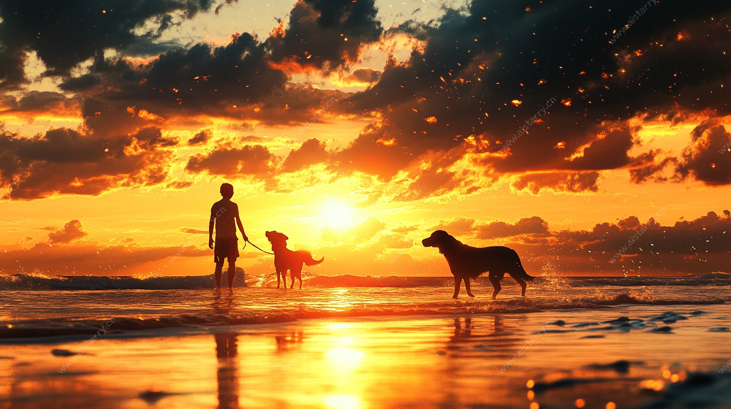 海边夕阳下人与犬的温馨时刻