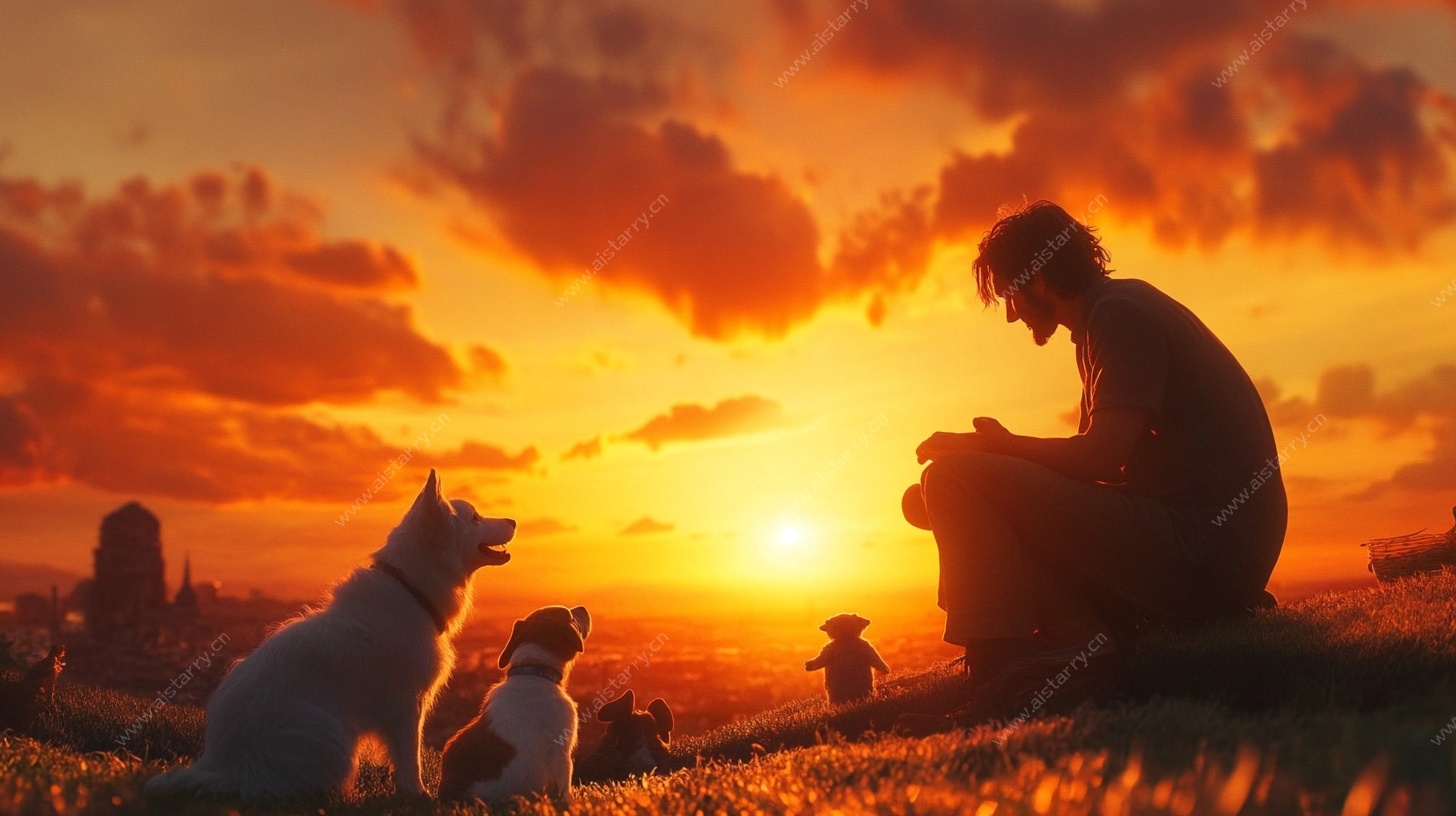 夕阳下人与宠物温馨时光