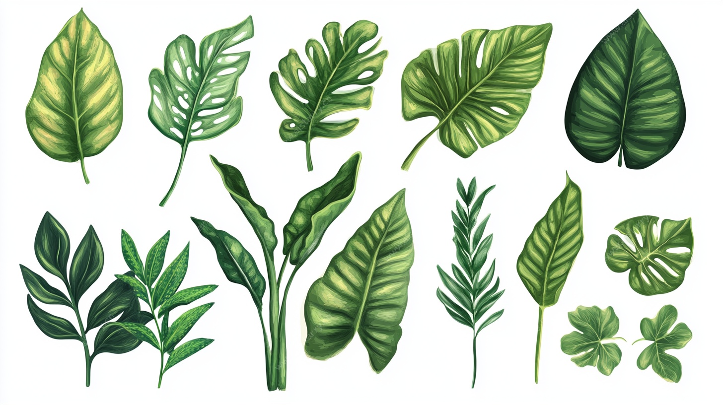 手绘热带植物叶片集合