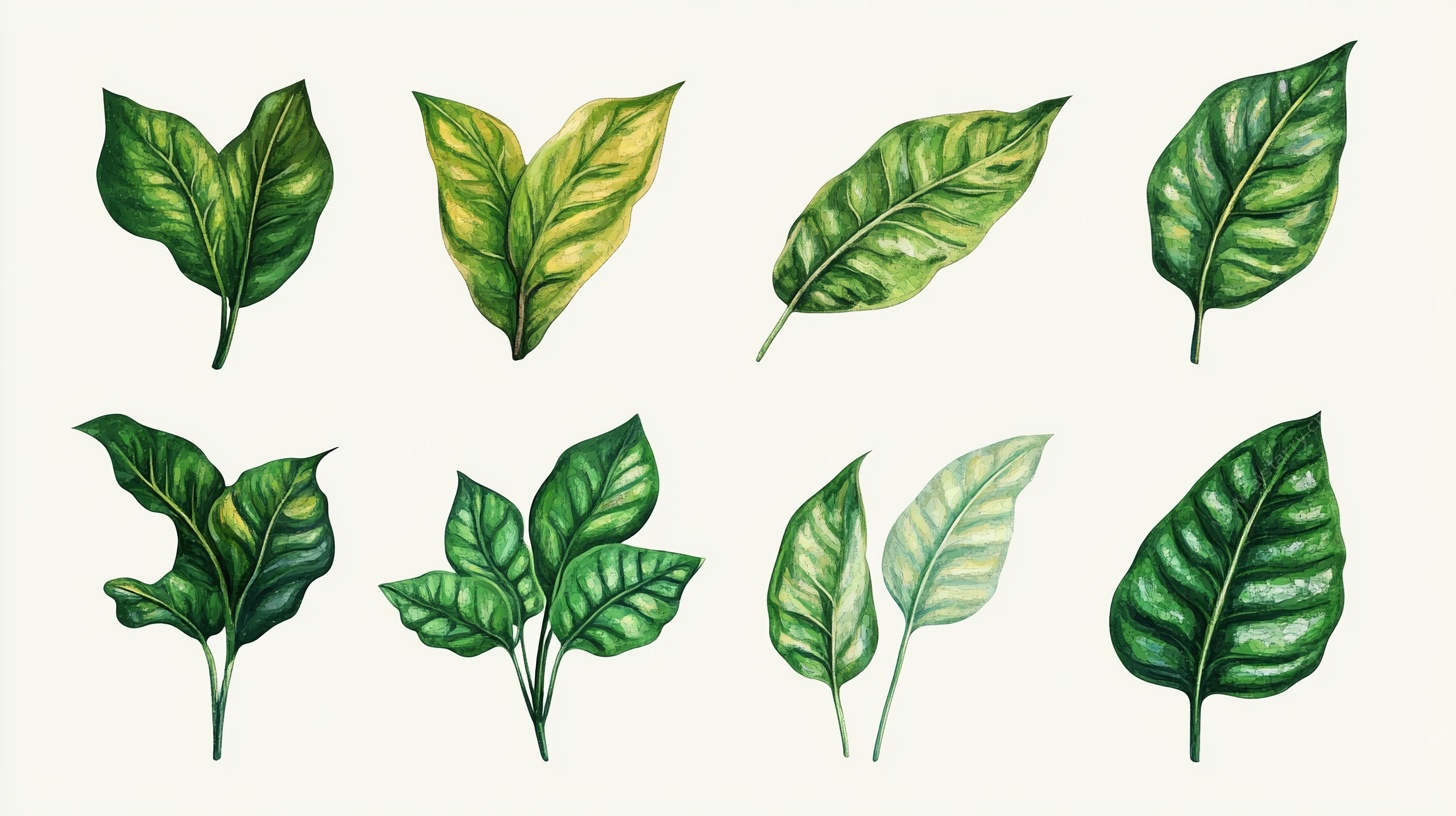 水彩手绘多样绿叶集合