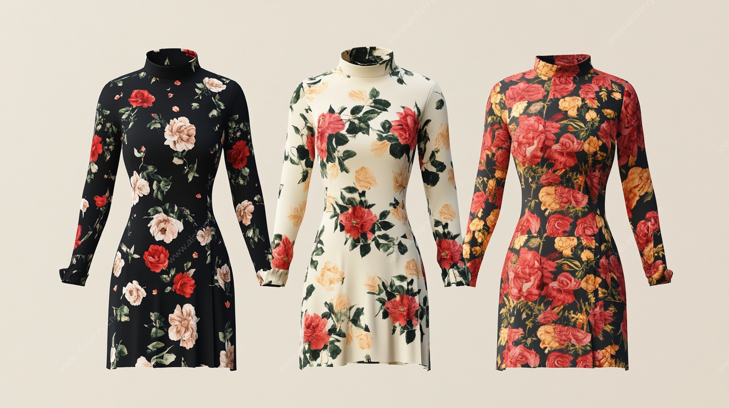 三件花卉图案女士连衣裙