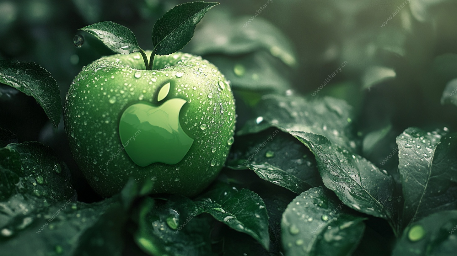 青苹果上的苹果标志特写