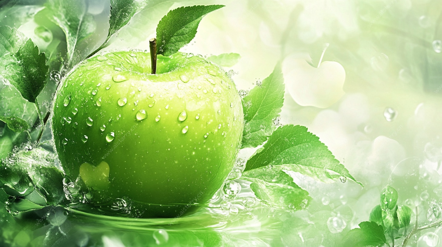 青苹果的清新水滴瞬间