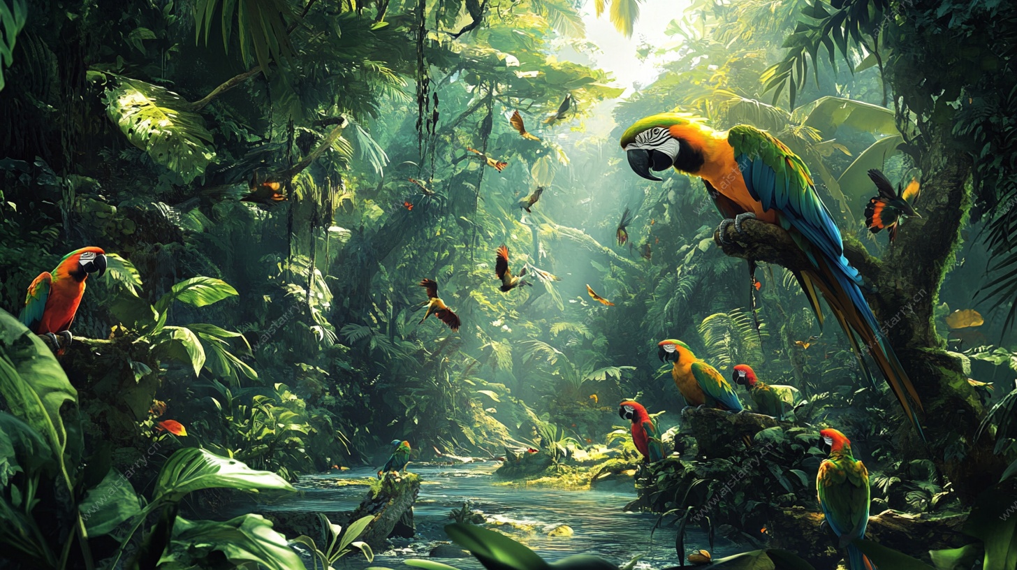 热带丛林鹦鹉奇幻景象