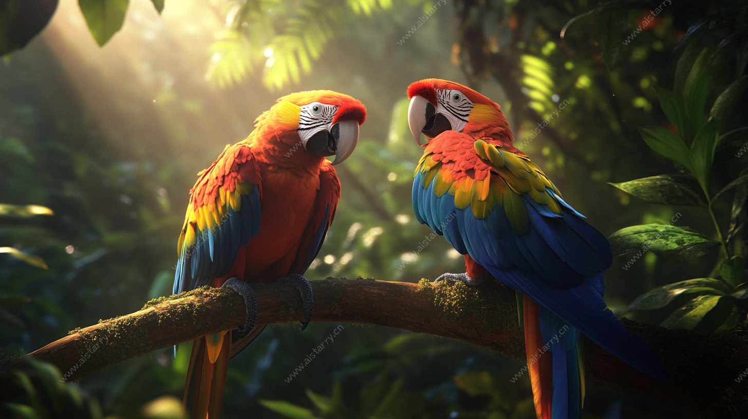 双鹦鹉栖于雨林枝头