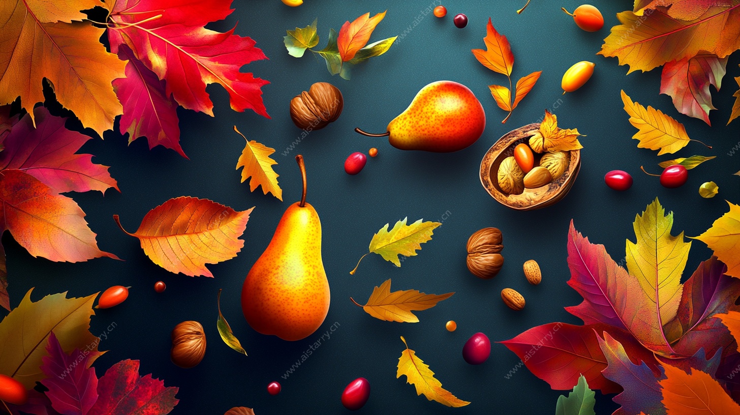 秋日果实与落叶静物图
