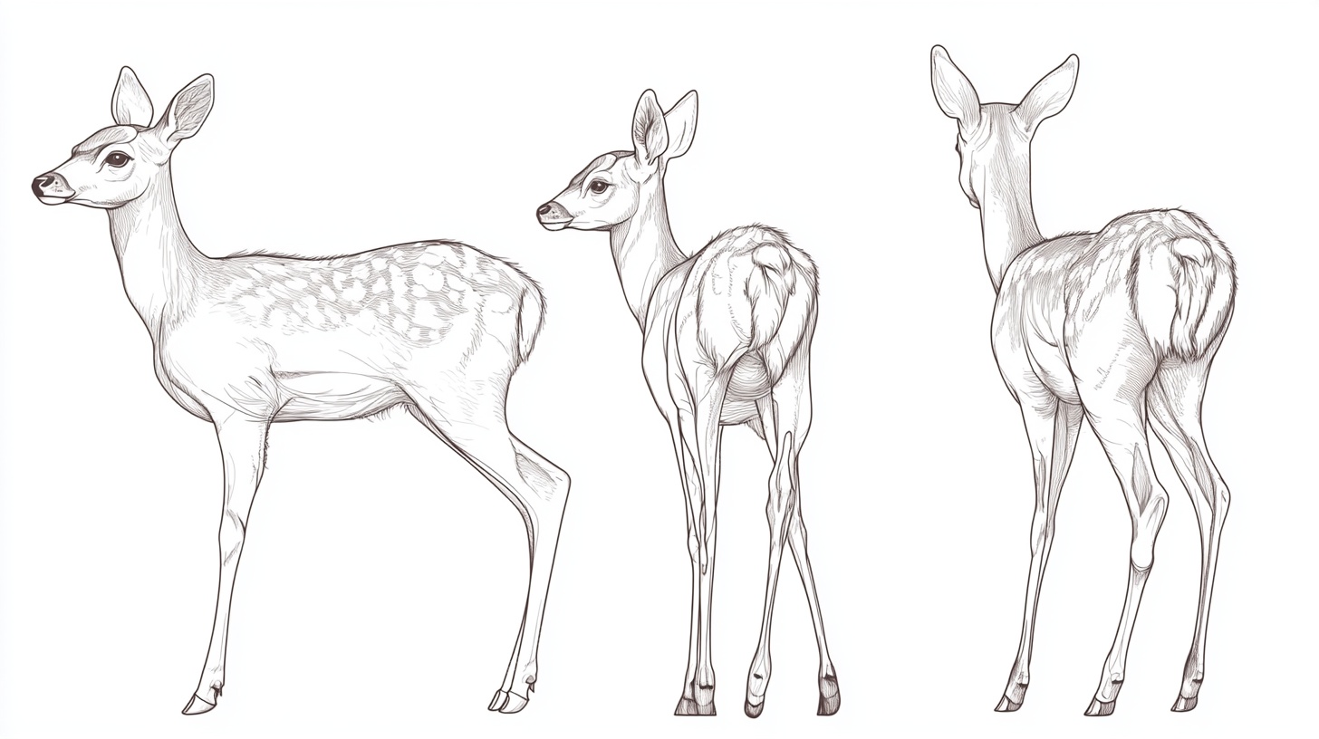 小鹿多角度线稿素描图