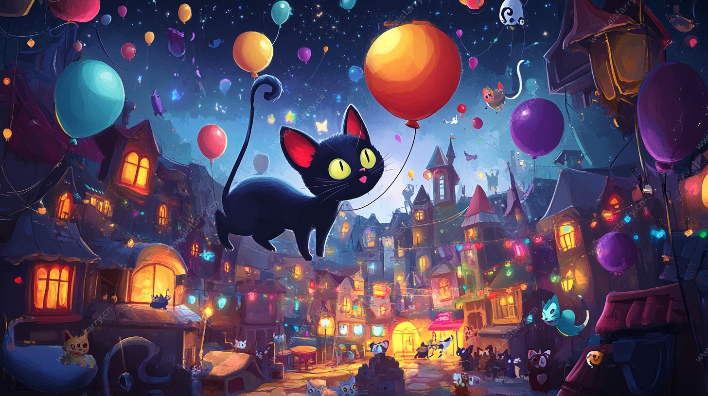 黑猫携气球的奇幻夜巷