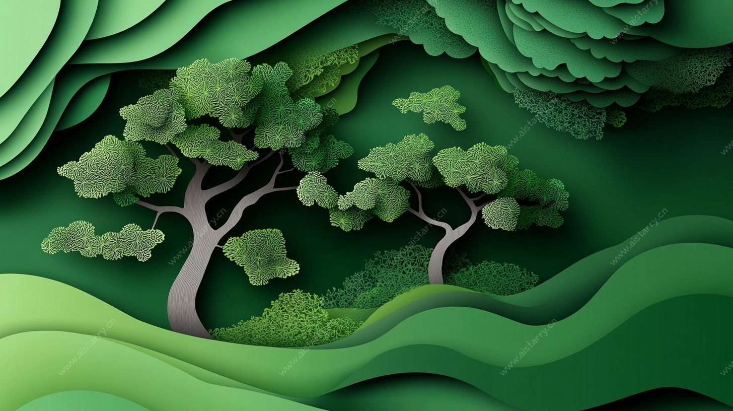 立体纸艺风的翠绿森林景观