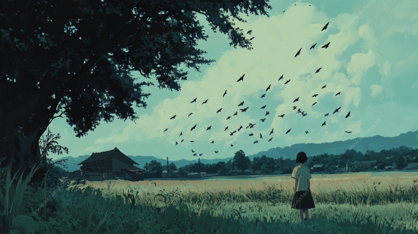 女孩望飞鸟的静谧田园景