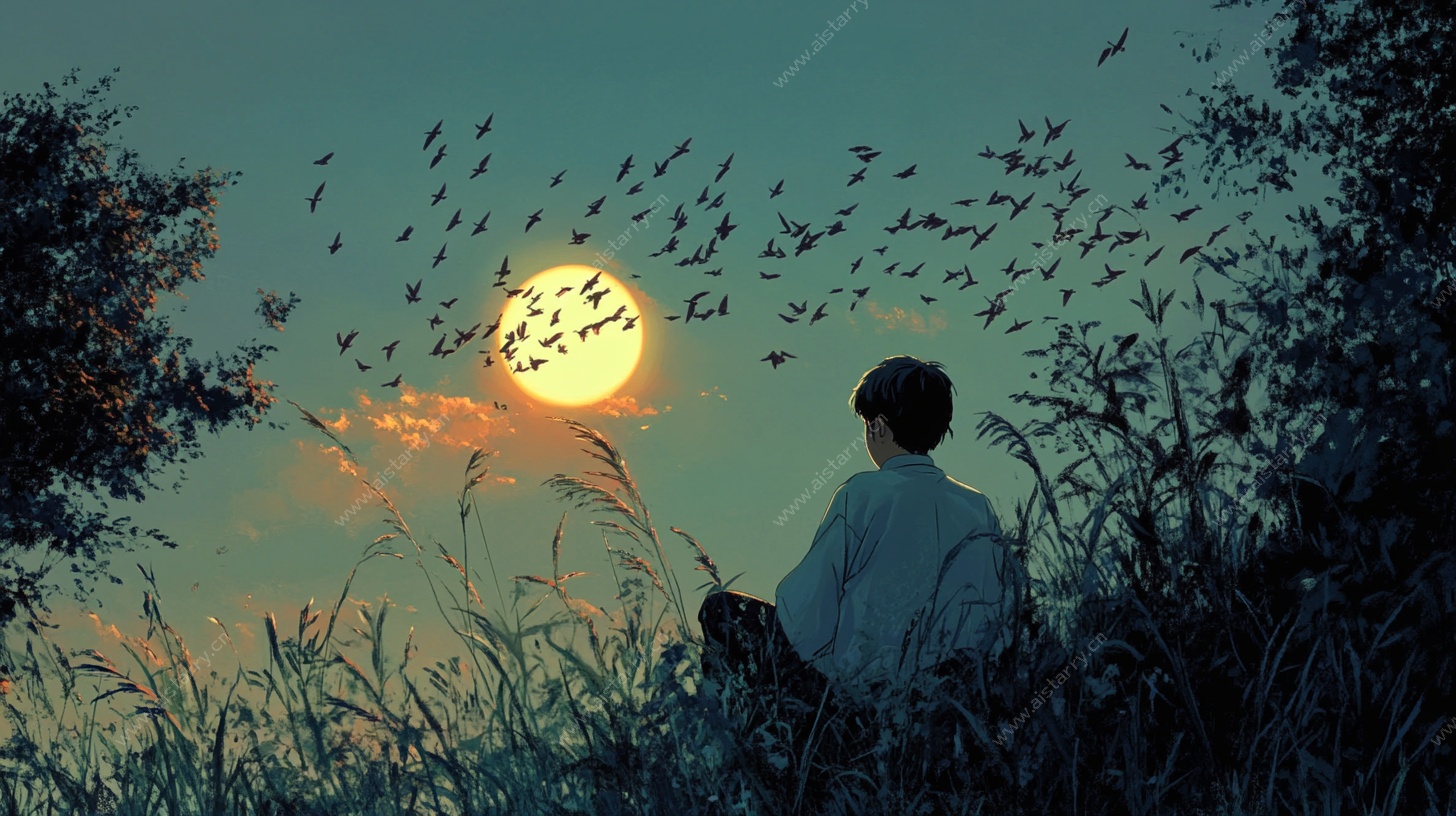 少年独赏落日飞鸟图
