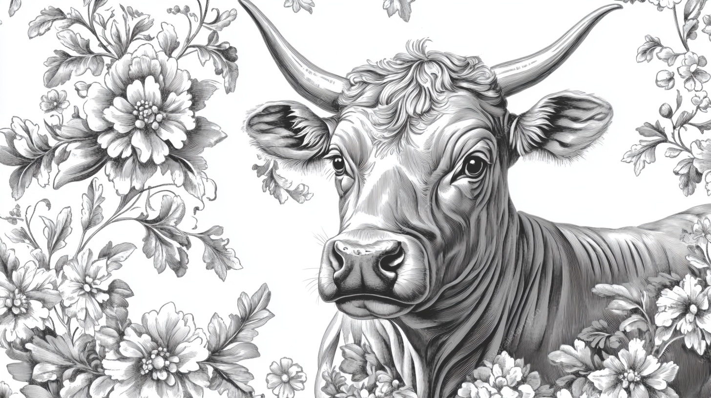 黑白牛花卉插画