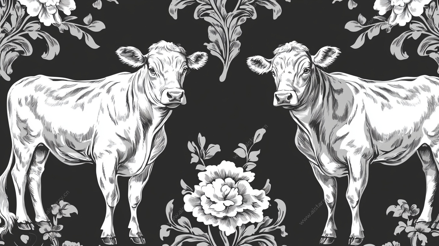 黑白牛花卉图案插画
