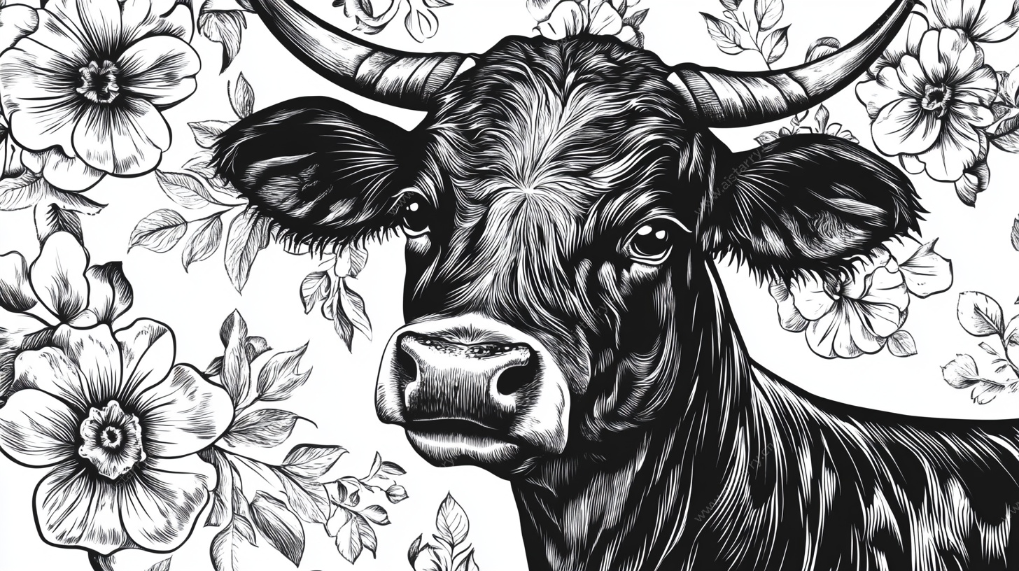 黑白牛花插画