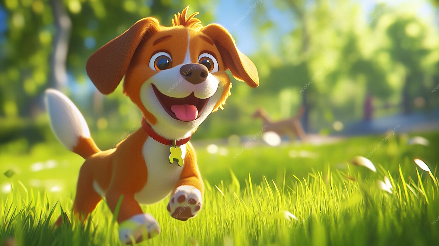 欢快小狗奔跑在绿意草地