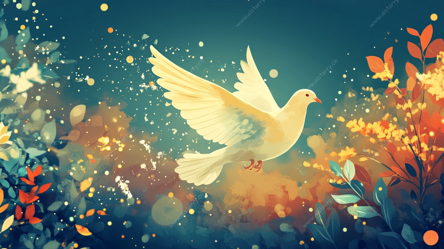 白鸽于花丛间展翅飞翔