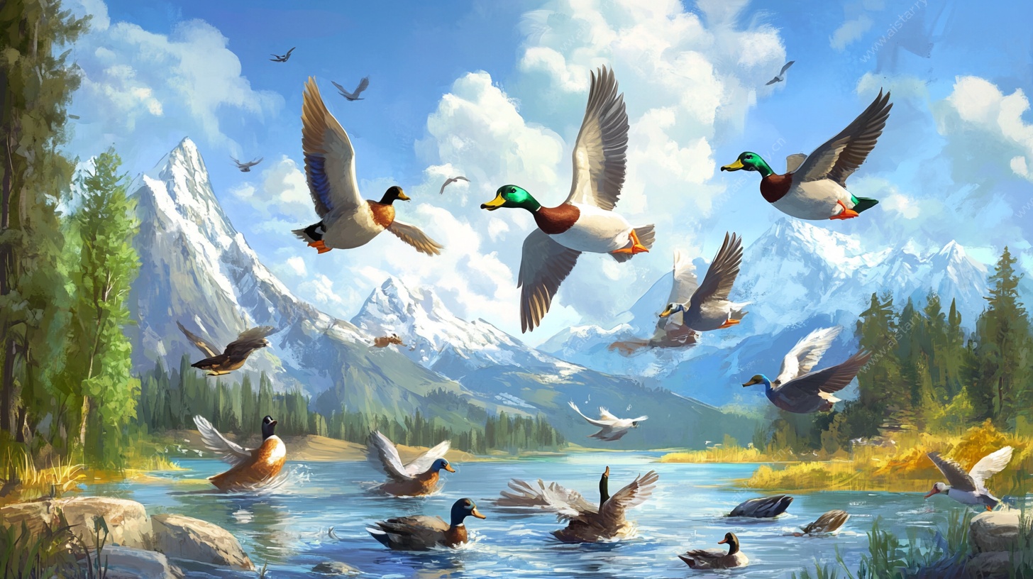 野鸭群飞于山水间美景