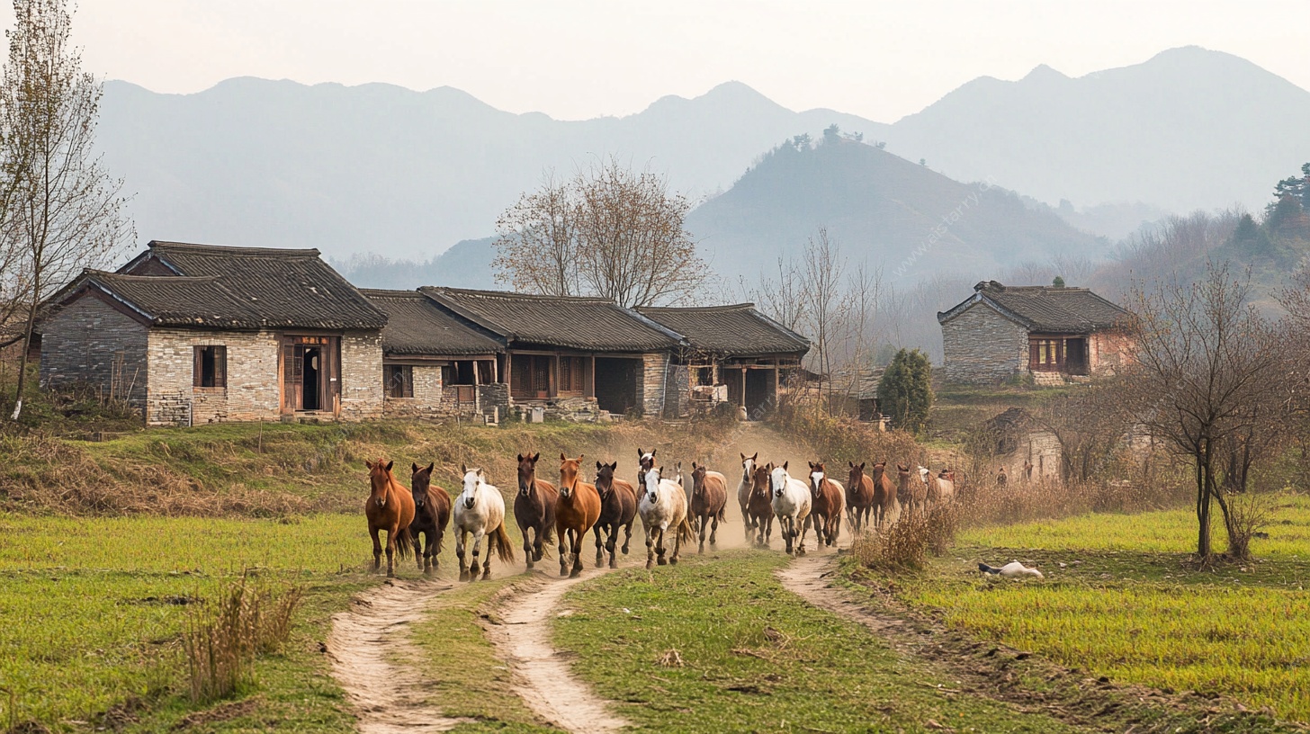 乡村小道上的马群漫步