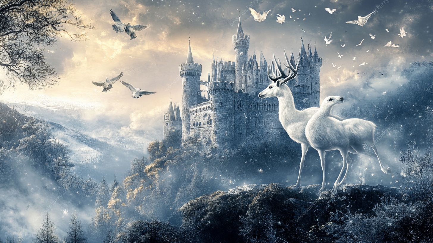 梦幻城堡前的白鹿奇景