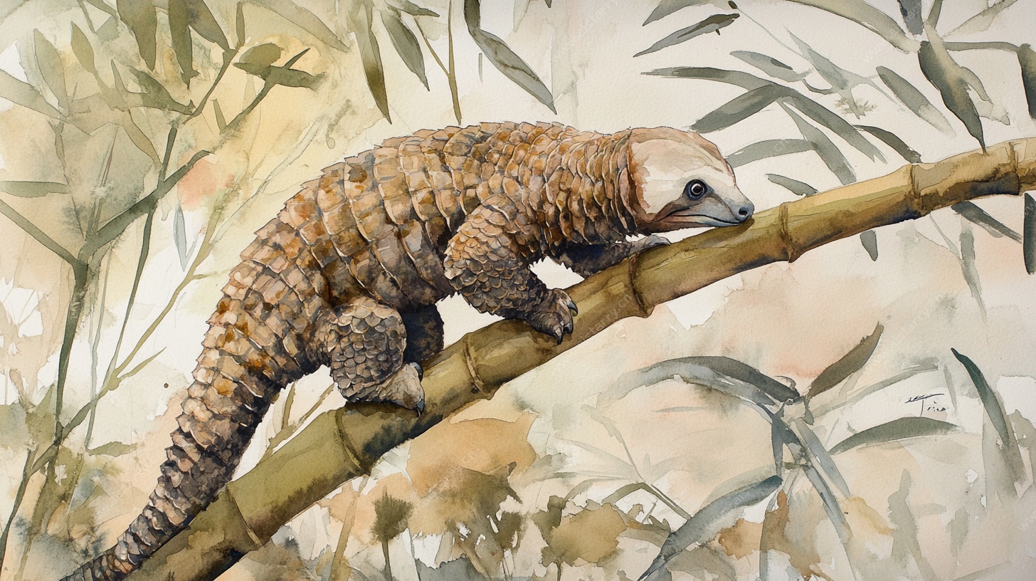 穿山甲栖于竹枝水彩画