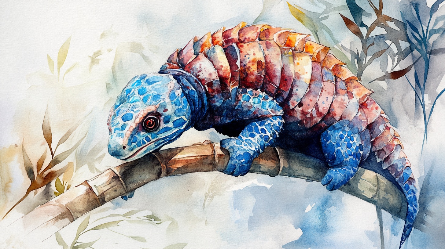 树枝上的多彩蜥蜴水彩画