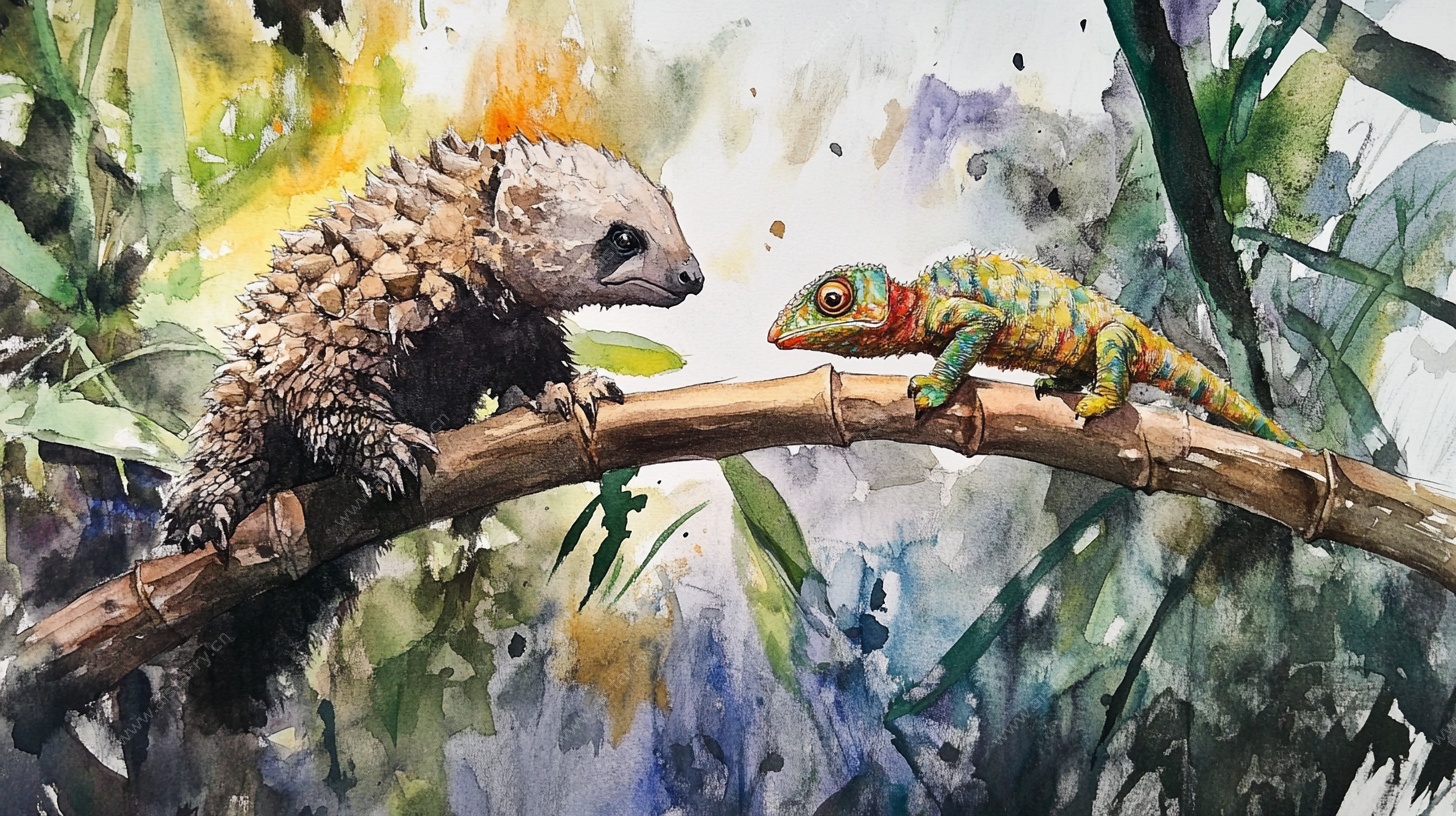 水彩画中蜜獾与变色龙对视