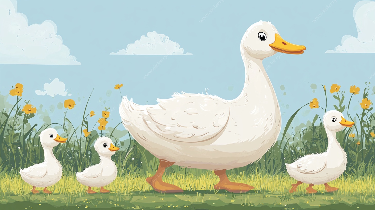鸭妈妈带小鸭漫步田园