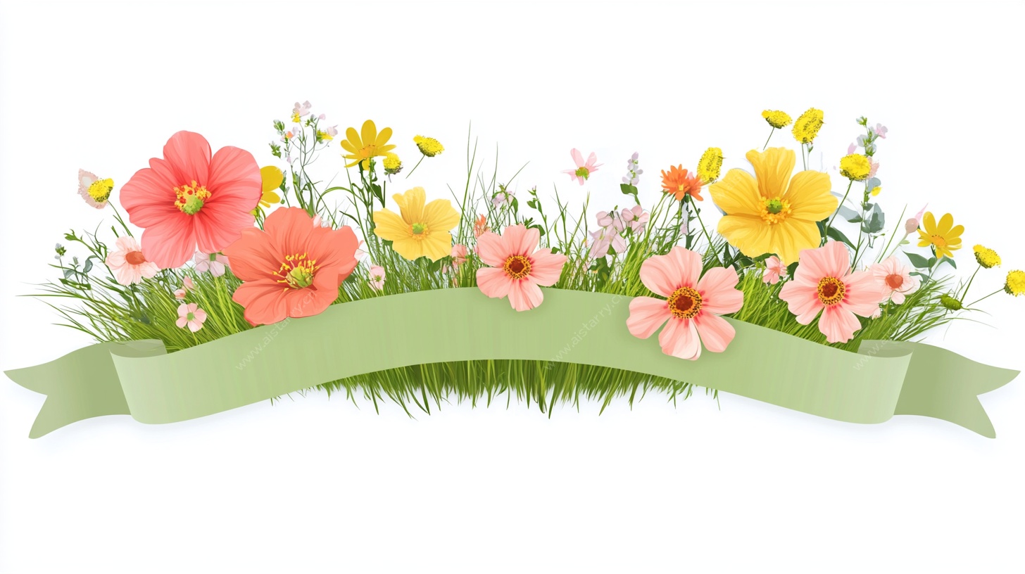 缤纷花卉绿丝带装饰图