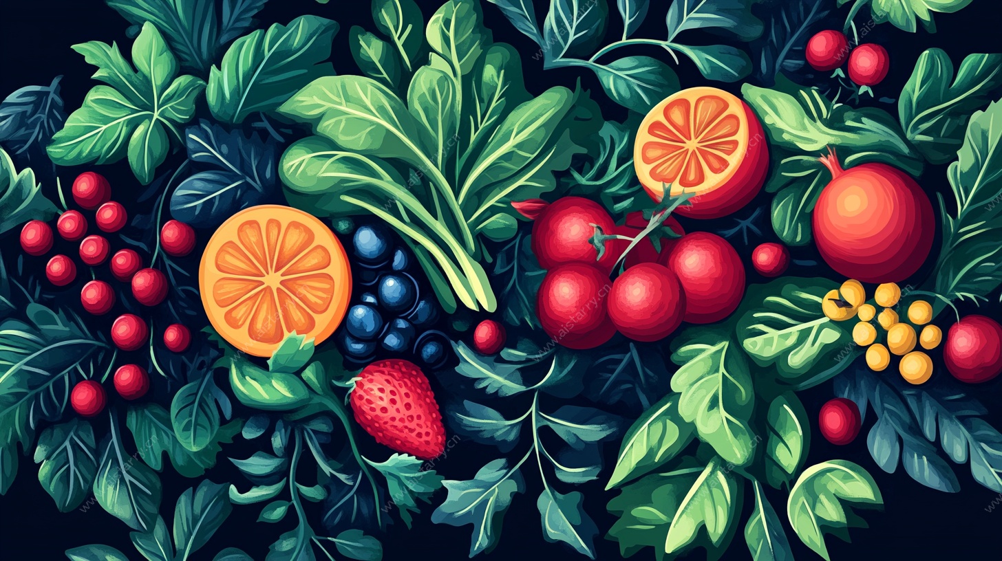 缤纷水果与绿叶插画
