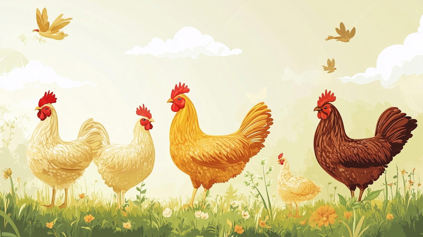 田园中的多彩鸡群