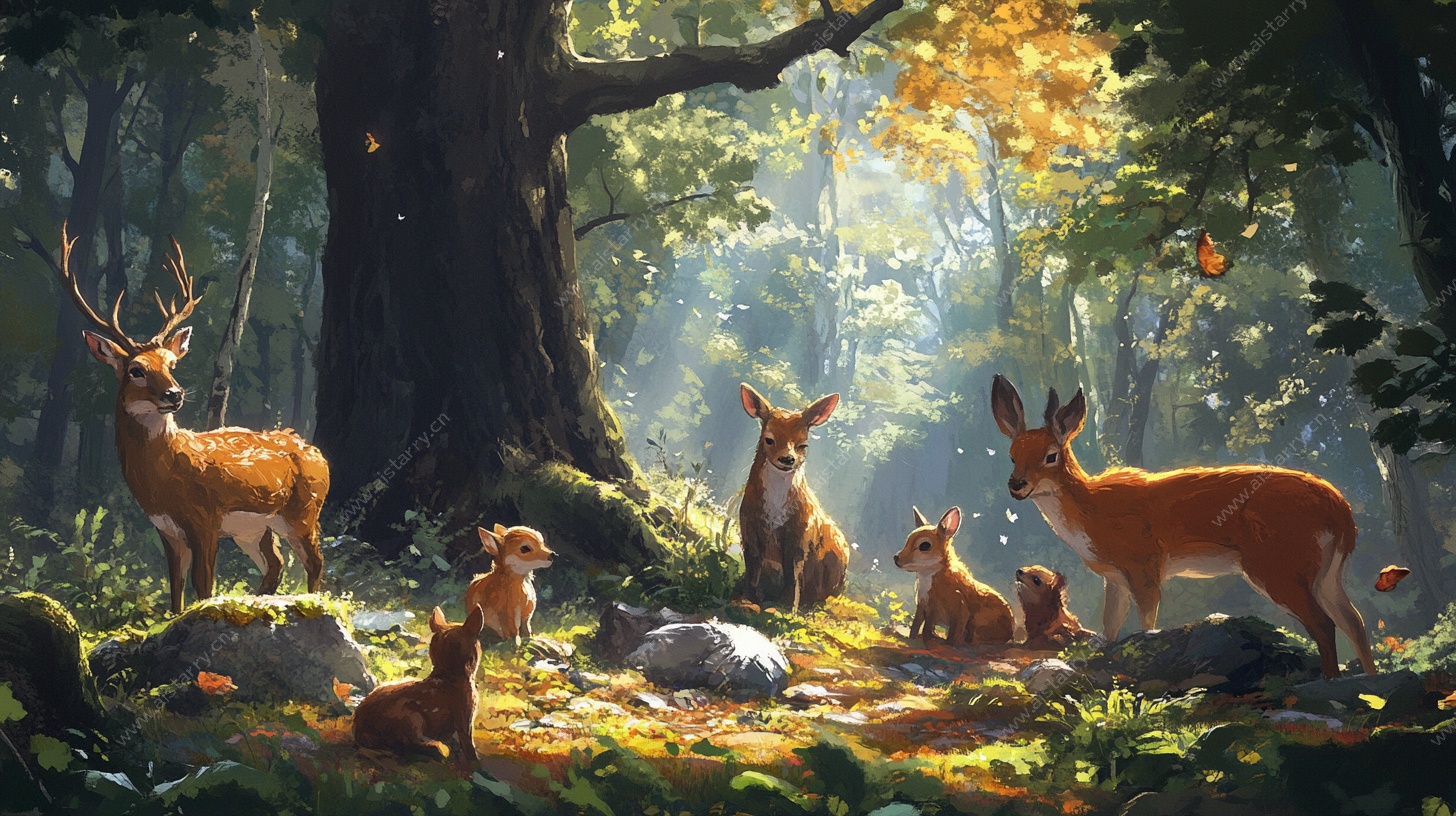 森林中的鹿群梦幻景象