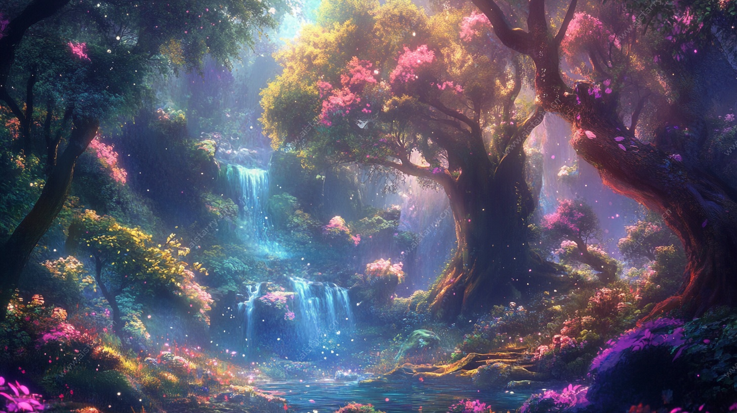 梦幻森林中的奇幻瀑布景观