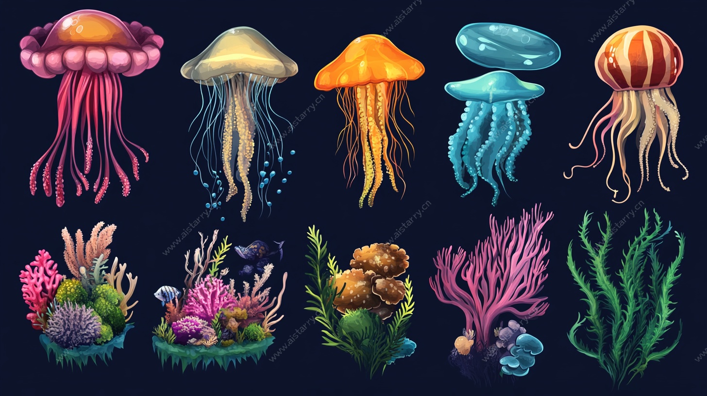 多彩水母与海底珊瑚插画