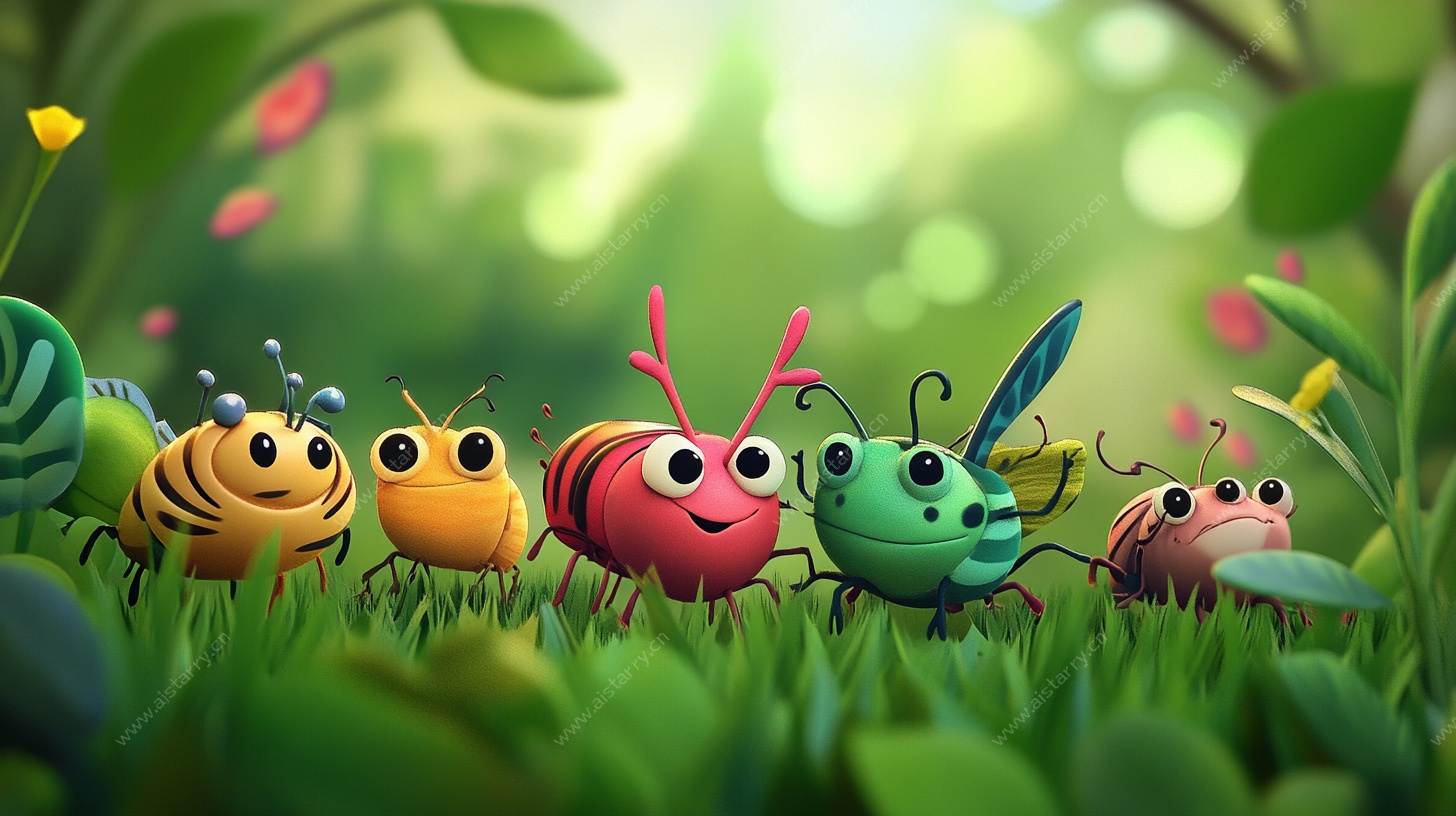 可爱昆虫的草地欢乐聚会