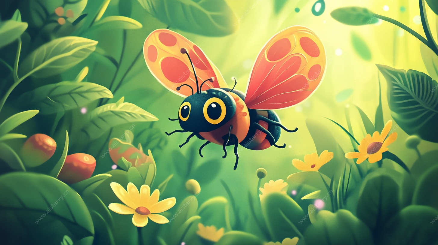 卡通蜜蜂在繁茂绿植中飞舞