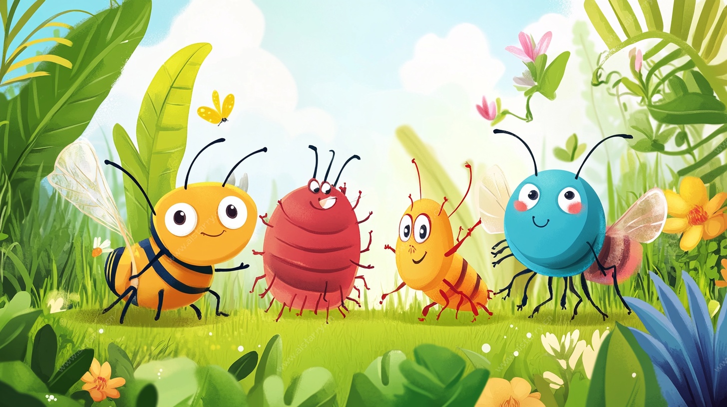 可爱昆虫的草地欢乐聚会