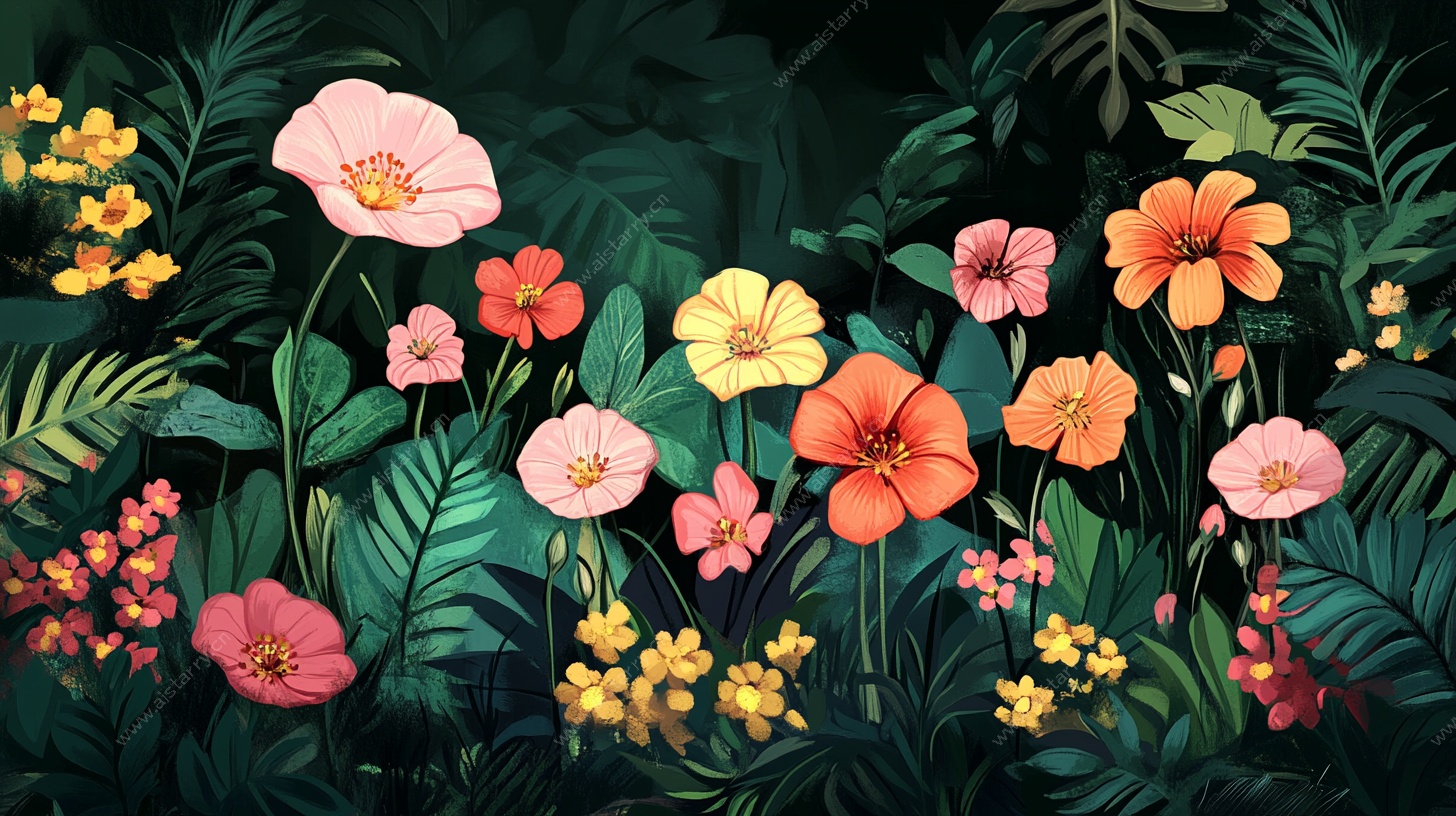 缤纷花卉丛林插画