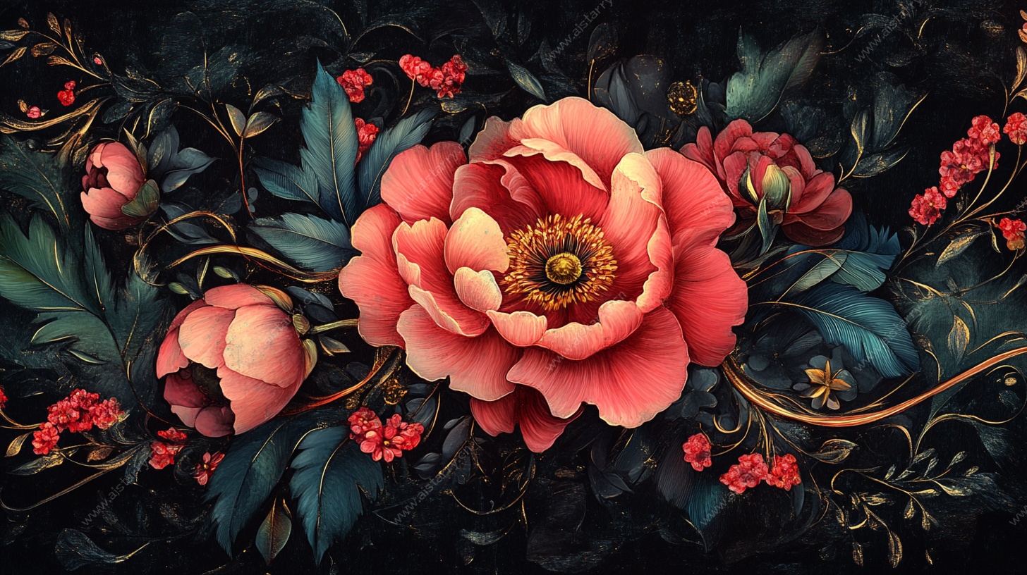 复古风盛开牡丹花卉图