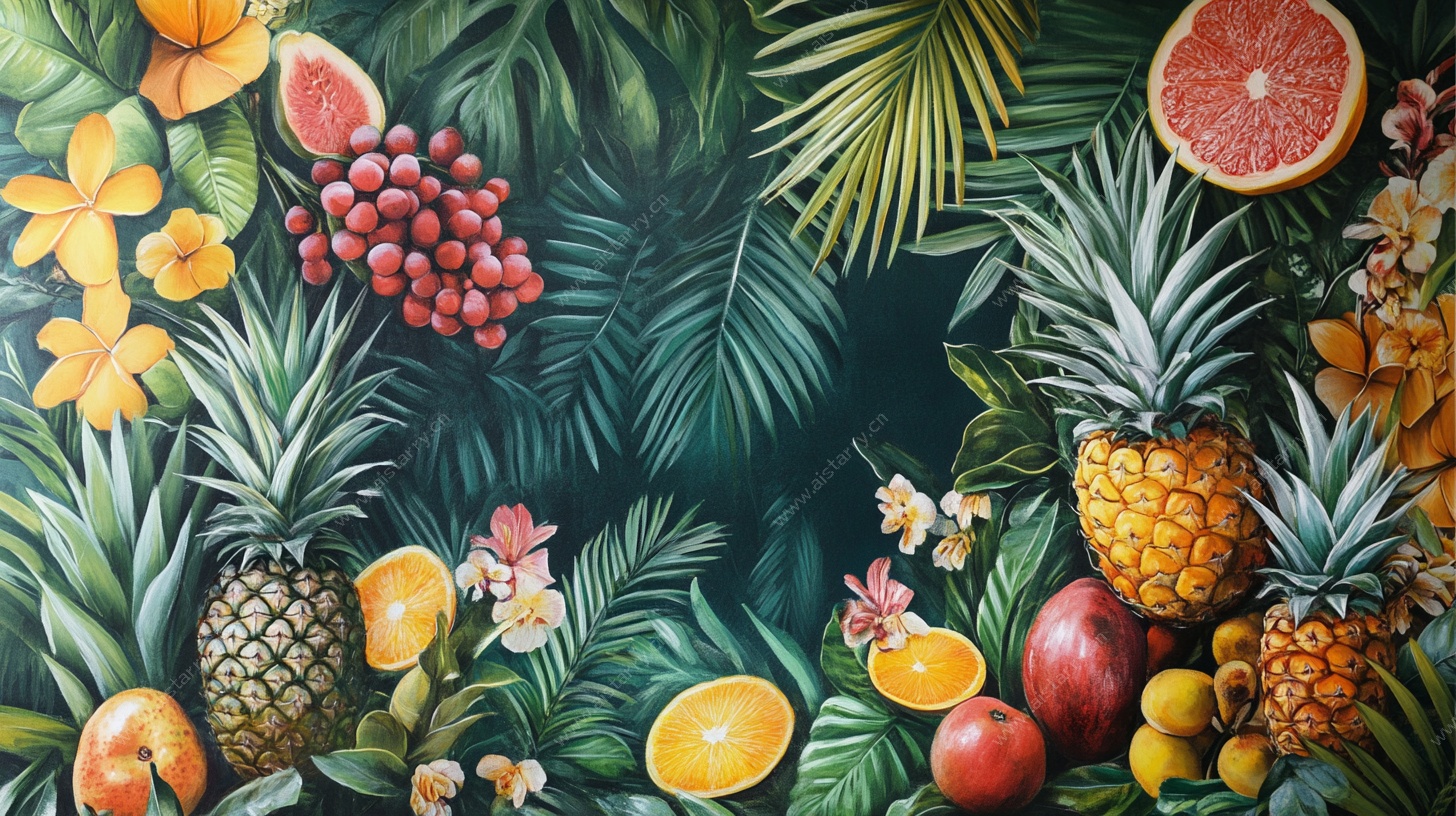 热带水果与绿植梦幻插画