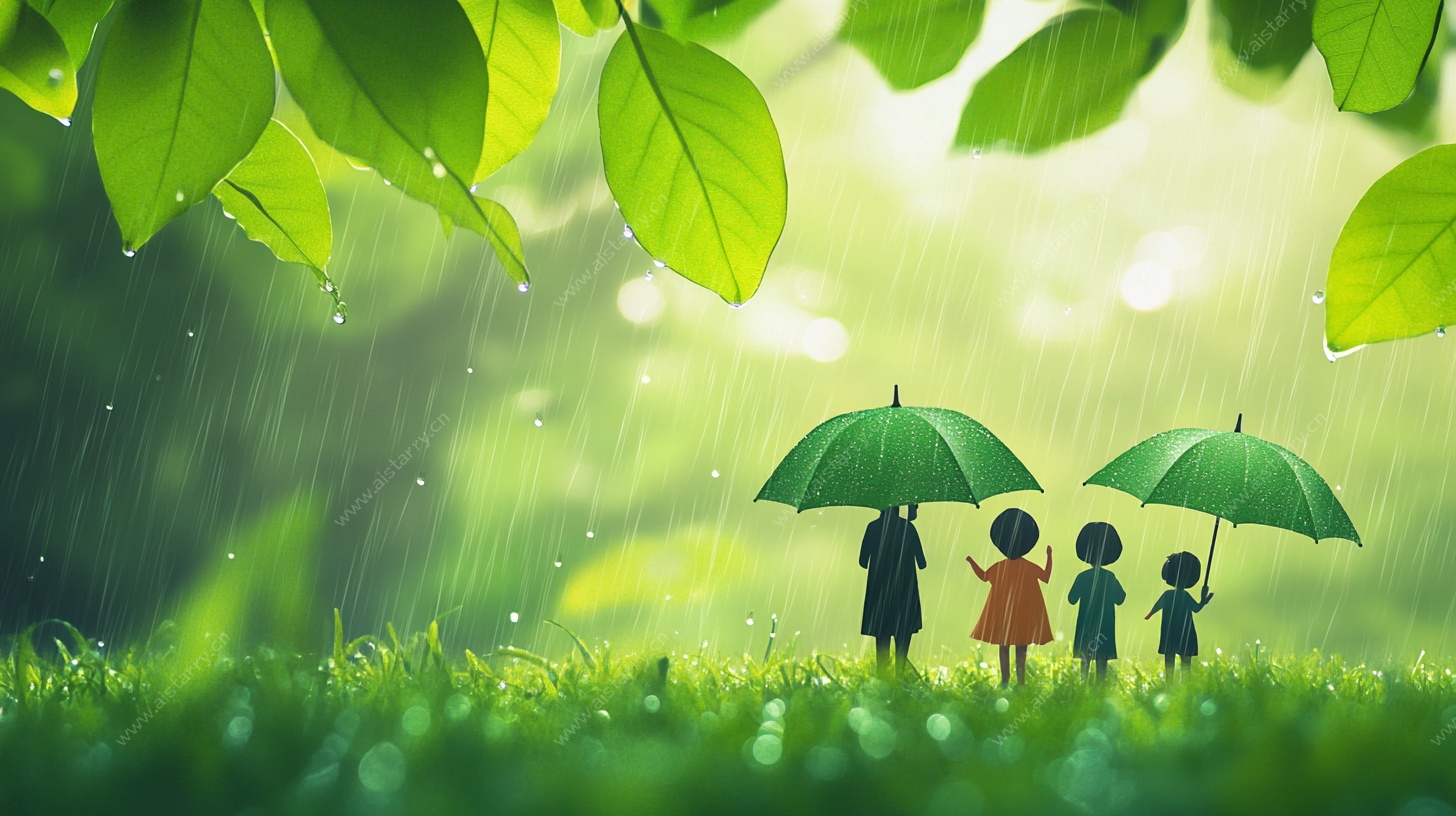 雨中家庭漫步的温馨时刻