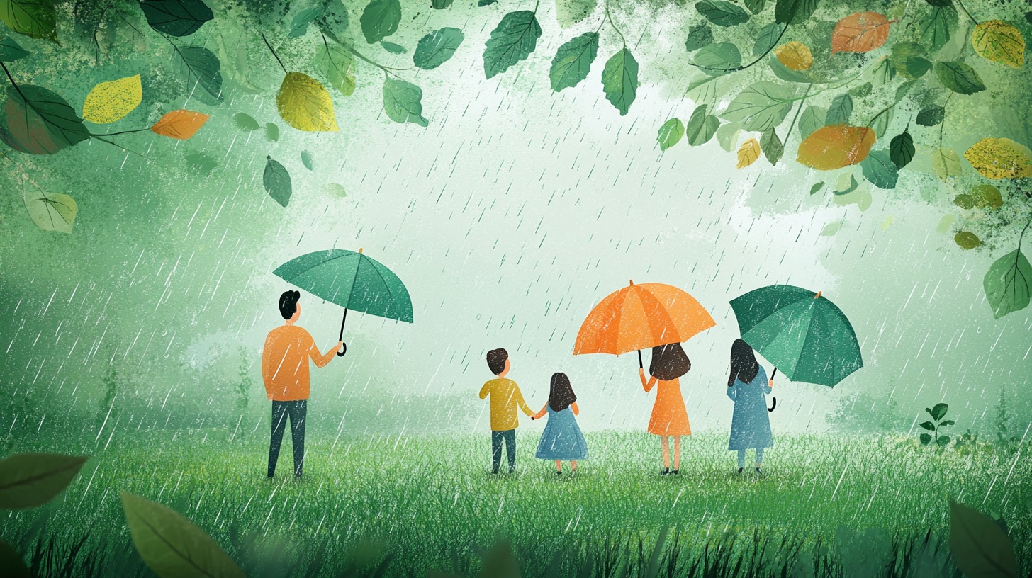 雨中家庭漫步温馨场景